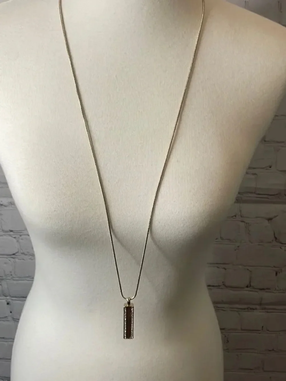 Long Gold Necklace with Brown Cylinder Pendant